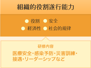 [組織的役割遂行能力] 項目:役割,安全,経済性,社会的規律 / 研修内容:医療安全,感染予防,災害訓練,接遇,リーダーシップなど